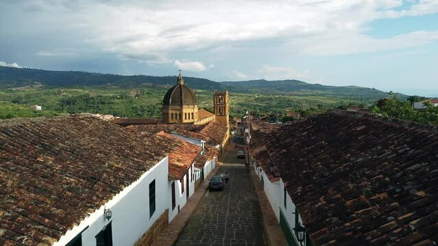 Barichara is a town in northern Colombia South America  known for its cobbled streets and colonial architecture - drone aerial view of the sandstone Catedral de la Inmaculada Concepci&oacute;n