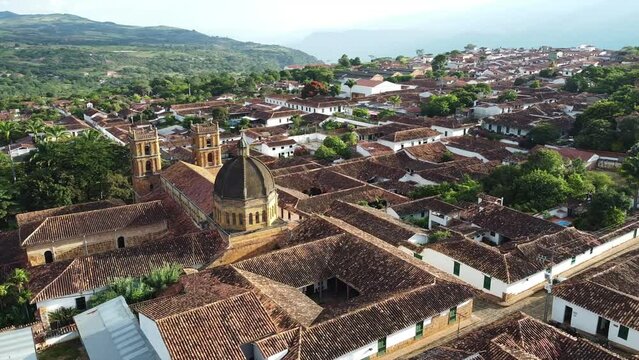 Barichara is a town in northern Colombia South America  known for its cobbled streets and colonial architecture - drone aerial view of the sandstone Catedral de la Inmaculada Concepci&oacute;n