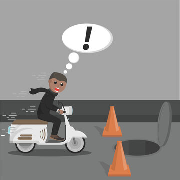 businessman african drive with scooter panic because open sewer hole design character on white background