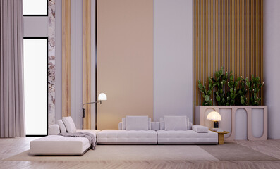 3d rendering,3d illustration, Interior Scene and  Mockup,living room,large sofa,white tone and light wood grain,wall decoration.