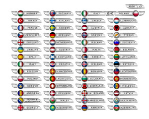 European countries national flags icons of take part in the European football championship EURO cup 2024 competition qualifying draw and scoreboard with the score of the match.
