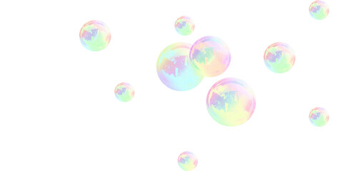 Glossy 3d realistic bubbles, flying blowing rainbos, clear shampoo reflection, liquid sphere