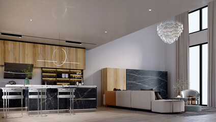 3d rendering,3d illustration, Interior Scene and  Mockup,dining room and kitchen,