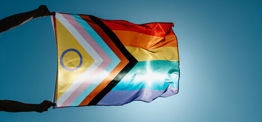flying a progress pride flag, web banner format - obrazy, fototapety, plakaty