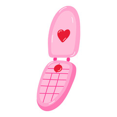 Cute retro flip phone clipart with heart on screen. Valentine's day concept. Prefect for sticker, social media, posters, greeting card. Hand drawn isolated vector illustration of clamshell phone.