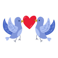 Cute couple of two blue birds hold a big heart in the flight. Hand drawn vector isolated clipart. Concept of love, romance, relationship, 14 of February. For Valentine's day card, sticker, scrapbook.