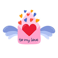Cute envelope with wings, big heart inside, small hearts coming out of it. Hand drawn vector clipart. Concept of love, romance, holiday, 14 of February. For Valentine's day card, sticker, scrapbook.