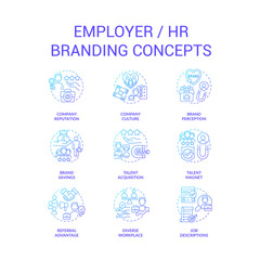 Human resources blue gradient concept icons set. Company values. HR strategy. Recruitment idea thin line color illustrations. Isolated symbols. Roboto-Medium, Myriad Pro-Bold fonts used