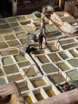 Workers Processing Hides In Colorful Tanning Pools At A Traditional Leather Tannery, Fes
