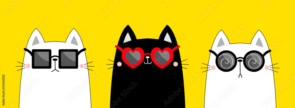 Sticker cat contour outline set wearing sunglass eyeglasses. round, heart square shape sunglasses. blue blac