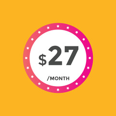 27 dollar price tag. Price $27 USD dollar only Sticker sale promotion Design. shop now button for Business or shopping promotion
