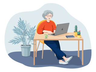 
A woman with gray hair works in the office behind a laptop. Vector illustration isolated on white background. Experienced businesswoman. Stylish elderly woman.