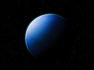 Planet isolated in blue tones. Earth-like planet,  rocky exoplanet with atmosphere, cosmic wallpaper. Super-earth in outer space.