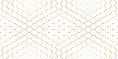 Golden vector seamless pattern. Texture of mesh, fishnet, lace, weaving, subtle lattice, wavy lines. Simple gold and white geometric background. Abstract repeat geo design for print, decor, wallpaper