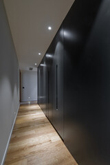 Interior of a long grey apartment corridor with closet