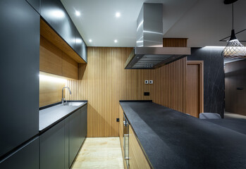 Interior of a luxury black kitchen with appliances