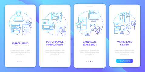 Recruiting methods blue gradient onboarding mobile app screen. HR system walkthrough 4 steps graphic instructions with linear concepts. UI, UX, GUI template. Myriad Pro-Bold, Regular fonts used