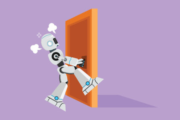 Character flat drawing robot pulling closed door knob with power. Strength for success in competition. Humanoid robot cybernetic organism. Future robot development. Cartoon design vector illustration
