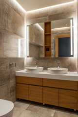 bathroom interior with marble tiles and double vanity sinks