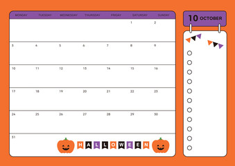 October 2022 calendar design template with Halloween party concept with garland with 'Halloween' written on it and cute pumpkin character.
