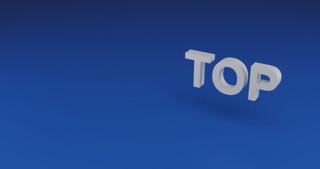 Isolated realistic white top symbol with shadow. Located on the right side of the scene. 3d illustration on blue background