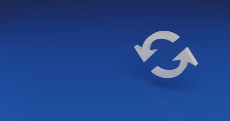 Isolated realistic white refresh symbol with shadow. Located on the right side of the scene. 3d illustration on blue background