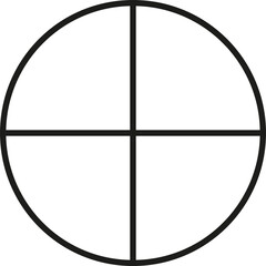 Pie chart, diagram. Black outlined circle divided in four parts, into quarters. Isolated png illustration, transparent background. Asset for overlay, montage, collage, presentation. Business concept.