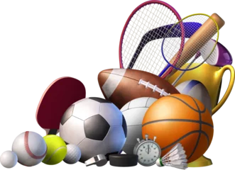Poster 3D illustration with different types of sporting equipment used in the sports of basketball, baseball, tennis, golf, hockey, soccer, volleyball, rugby, American football and badminton © Dana.S