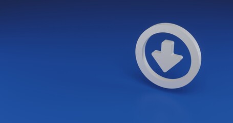 Isolated realistic white download symbol with shadow. Located on the right side of the scene. 3d illustration on blue background