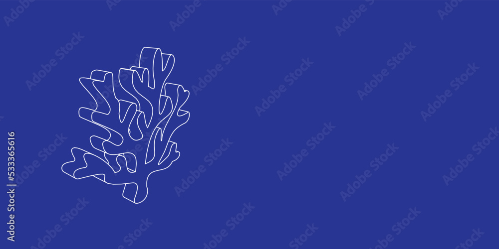 Poster the outline of a large coral symbol made of white lines on the left. 3d view of the object in perspe