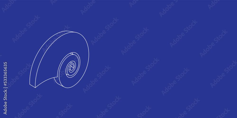 Poster the outline of a large marine nautilus symbol made of white lines on the left. 3d view of the object