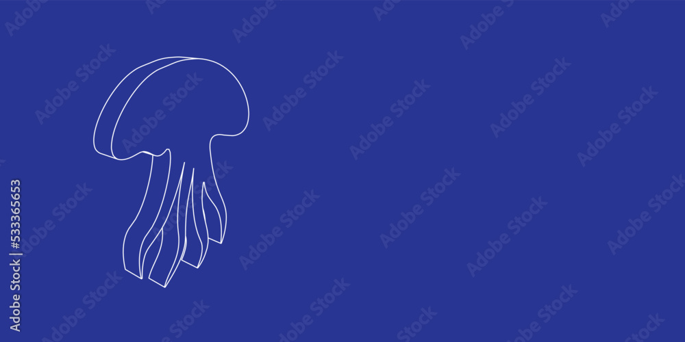Poster the outline of a large jellyfish symbol made of white lines on the left. 3d view of the object in pe