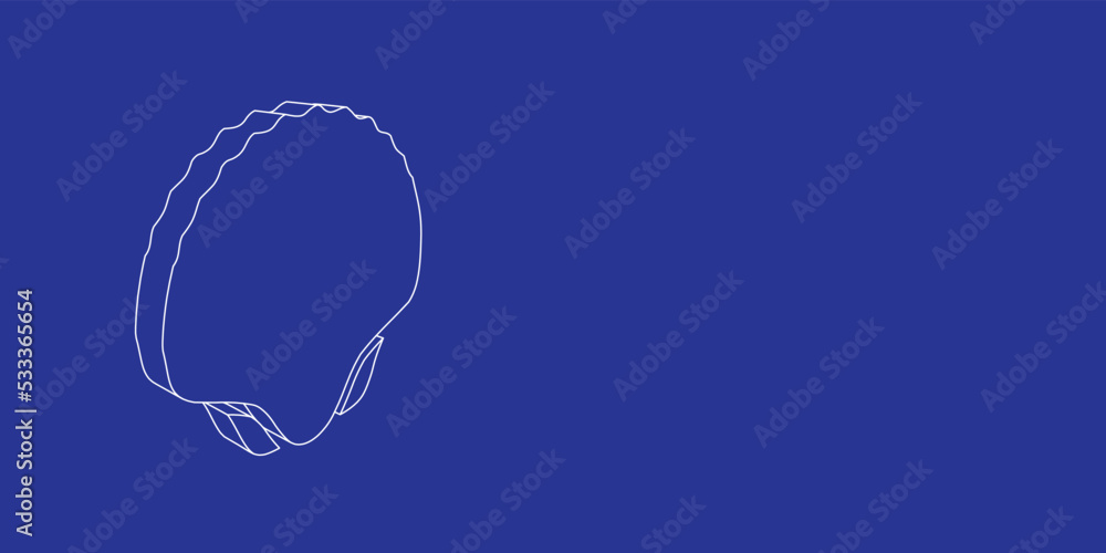 Poster the outline of a large sea shell symbol made of white lines on the left. 3d view of the object in pe