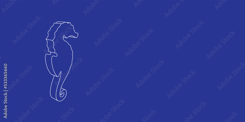 Poster The outline of a large sea horse symbol made of white lines on the left. 3D view of the object in perspective. Vector illustration on indigo background