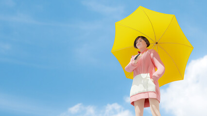 Teenage girl wearing pink hoodie. Visually determined eyes. holding yellow umbrella on blue sky background. Designed in pastel color. cartoon character, 3D render.