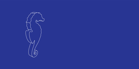 The outline of a large sea horse symbol made of white lines on the left. 3D view of the object in perspective. Vector illustration on indigo background