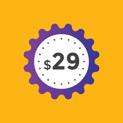 29 dollar price tag. Price $29 USD dollar only Sticker sale promotion Design. shop now button for Business or shopping promotion