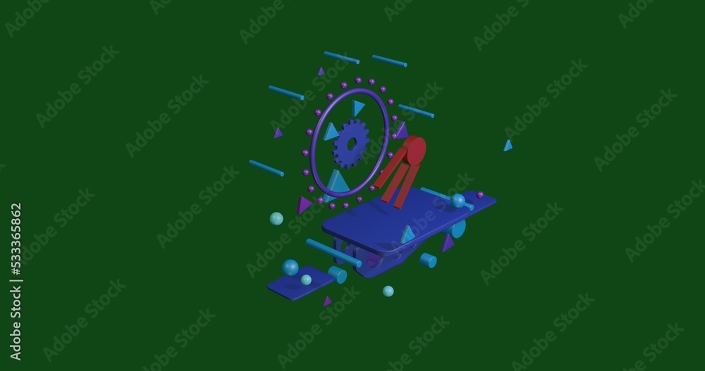 Poster red satellite symbol on a pedestal of abstract geometric shapes floating in the air. abstract concep