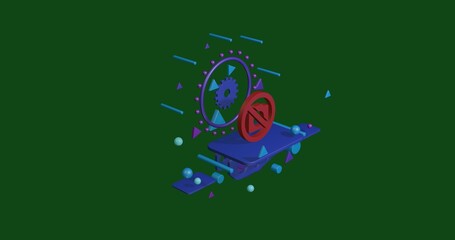 Red no photo symbol on a pedestal of abstract geometric shapes floating in the air. Abstract concept art with flying shapes in the center. 3d illustration on green background