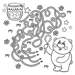 Maze or Labyrinth Game. Puzzle. Tangled road. Coloring Page Outline Of cartoon little bear and honey. Coloring book for kids.