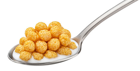 Corn balls with milk in spoon isolated on white background