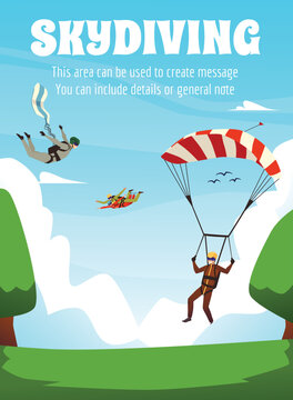 Skydiving sport recreational activity card layout, flat vector illustration.