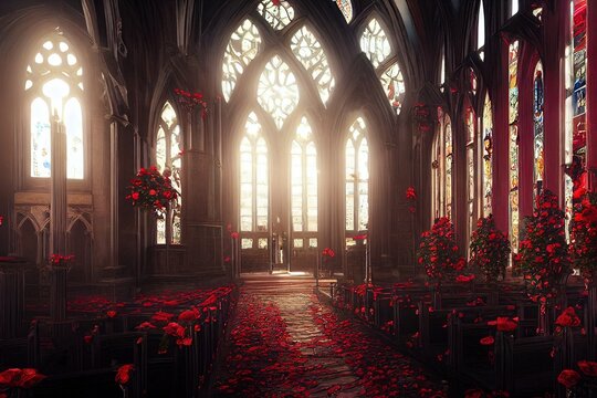 Church. Fantasy. filled with rose Concept Art Scenery. Digital art. Illustration. CG Artwork Background.