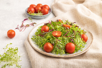 Vegetarian vegetables salad of tomatoes, celery, onion microgreen sprouts on gray concrete. Side view.