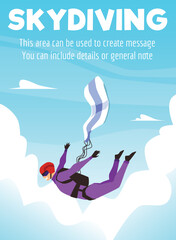 Skydiving advertising poster or banner design flat cartoon vector illustration. - obrazy, fototapety, plakaty