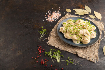Dumplings with pepper, herbs, microgreen on black concrete. Side view, copy space.