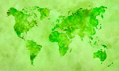 World map in green watercolor painting abstract splatters on paper.