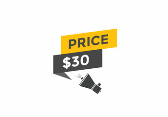 30 dollar price tag. Price $30 USD dollar only Sticker sale promotion Design. shop now button for Business or shopping promotion
