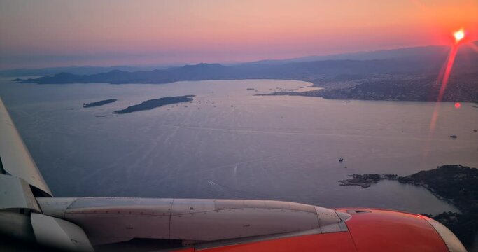 Amazing View Of Sunset By Airplane's Window, Landing In Nice On The French Riviera, France, Europe - DCi 4K Video