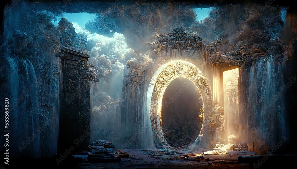 Poster against the background of heavy clouds, a luminous portal to another dimension opens. 3d rendering